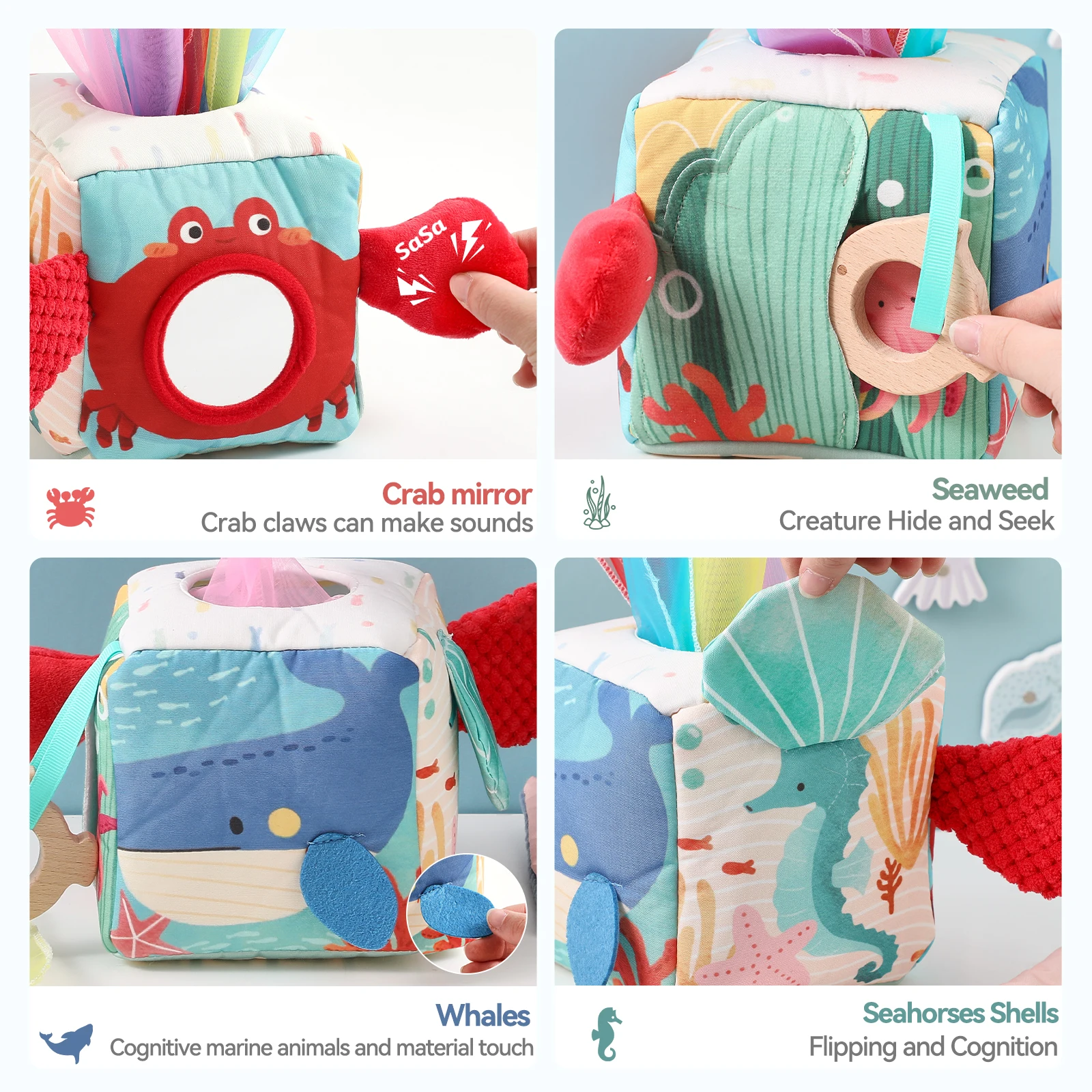 ألعاب الأطفال صندوق مناديل سحري من القطن لممارسة الأصابع من مونتيسوري مشغول لعبة تعليمية لعبة خشخيشة ناعمة كتاب قماش المحيط