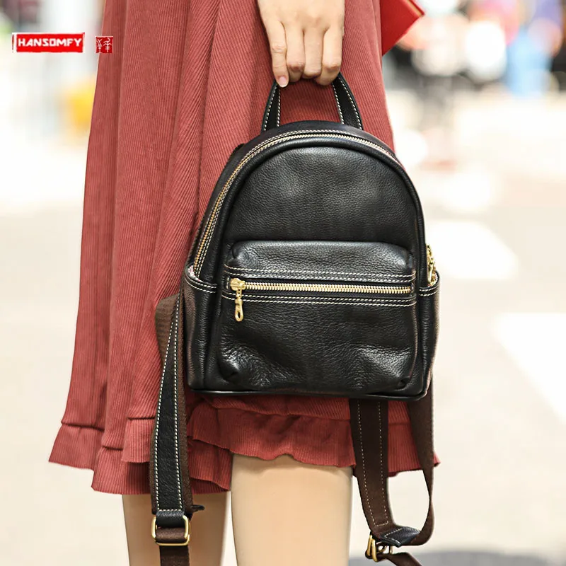 Top Layer Cowhide Women Backpack Small Genuine Leather Schoolbag Original Niche Backpack Female Preppy Style