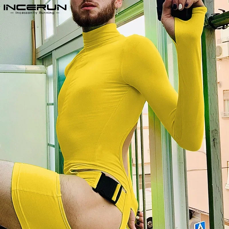 

Мужской комбинезон в стиле пэчворк с высоким воротником, с вырезами, на пуговицах, с длинным рукавом, домашняя одежда, сексуальный комбинезон с открытой спиной, модель 7