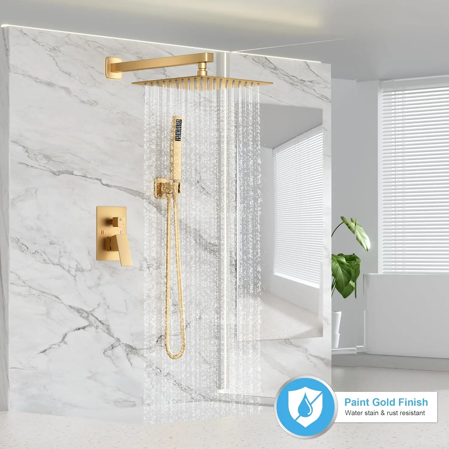 Gold Faucet Set Rainfall Shower System with Rain Shower Head and Handle Set Wall Mounted Fixtures Trim Repair Kit