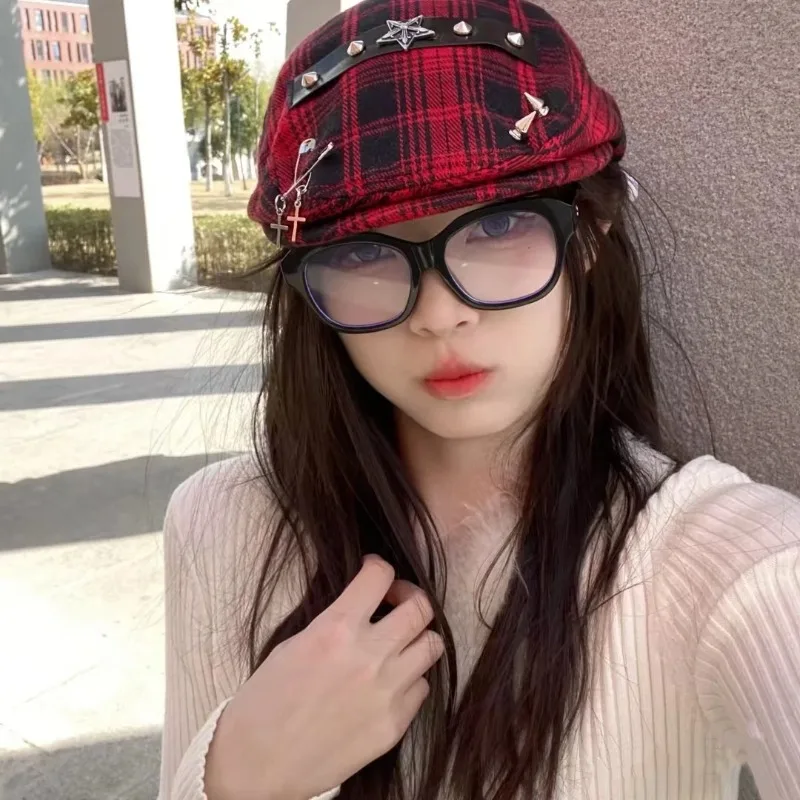 Y2K 스타일 리벳 앞머리 모자, 다용도 자외선 차단, 개성 있는 베레모 모자,..