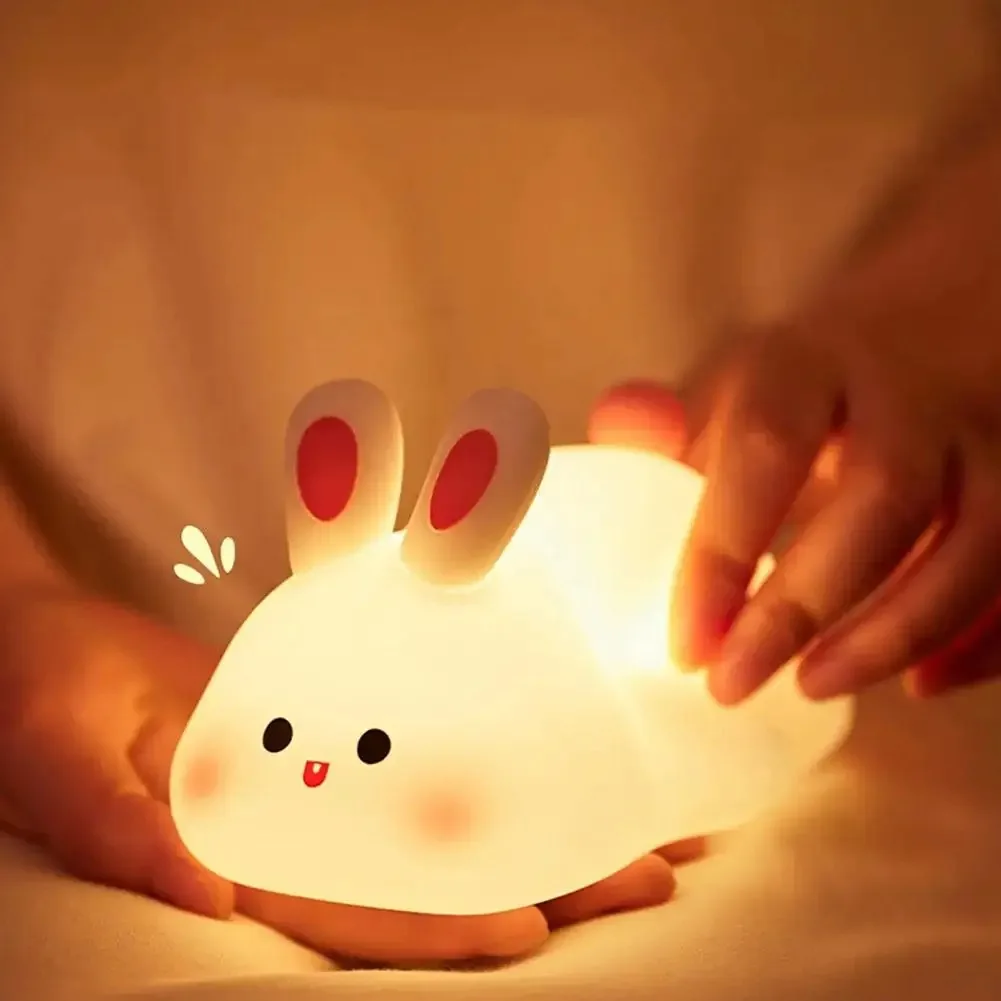 귀여운 토끼 실리콘 야간 조명, 충전식 침대 옆 패팅 야간 조명, 침실 분위기 램프, 어린이 휴일 선물 방