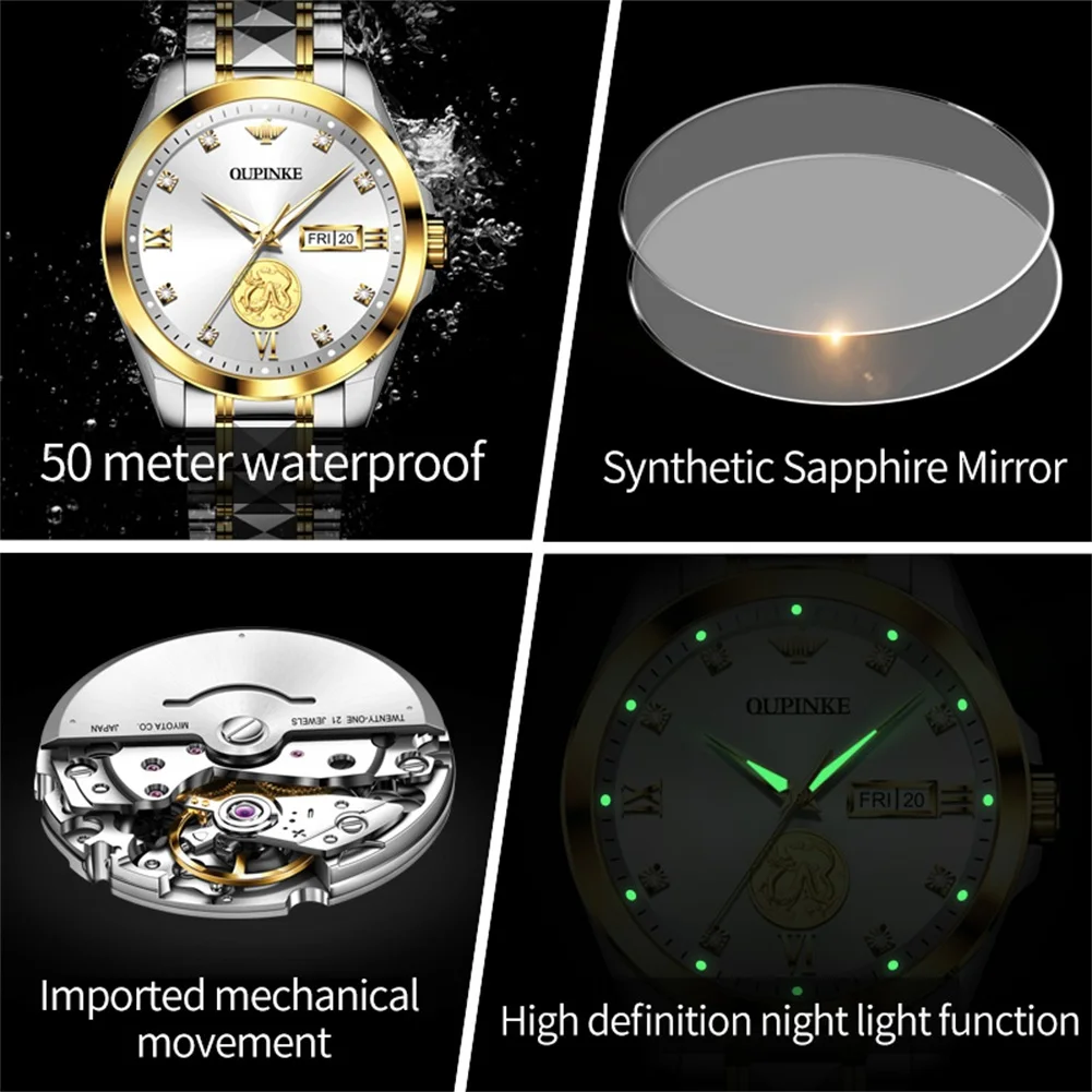 OUPINKE 3259 Men Automatic Watch Real Gold Dual Calendar Mechanical Watch For Men Luxury Waterproof Top Brand Dress Wristwatch