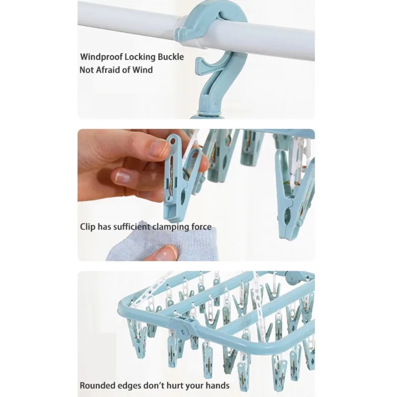 Clothes Hanger Drying with 32 Clips and Drip Foldable for Socks Bras Towel Underwear Hat Scarf Pants Baby Clothes