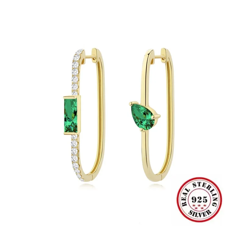 

Luxury S925 Ster Silver Artificial Emerald Paper Clip Earrings for Women Hip Hop Eardrop Fine Engagement Jewelry Gifts for Girls