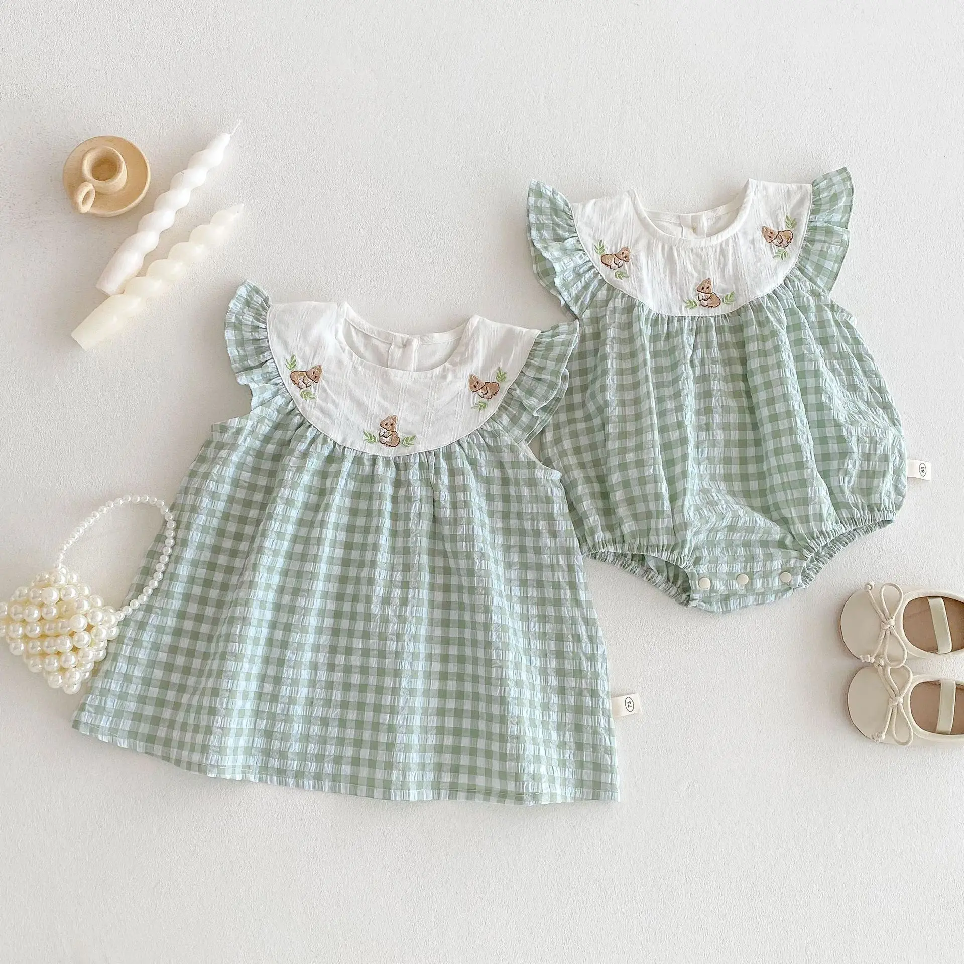 Cute Summer Plaid Baby Dress with Bunny Embroidery