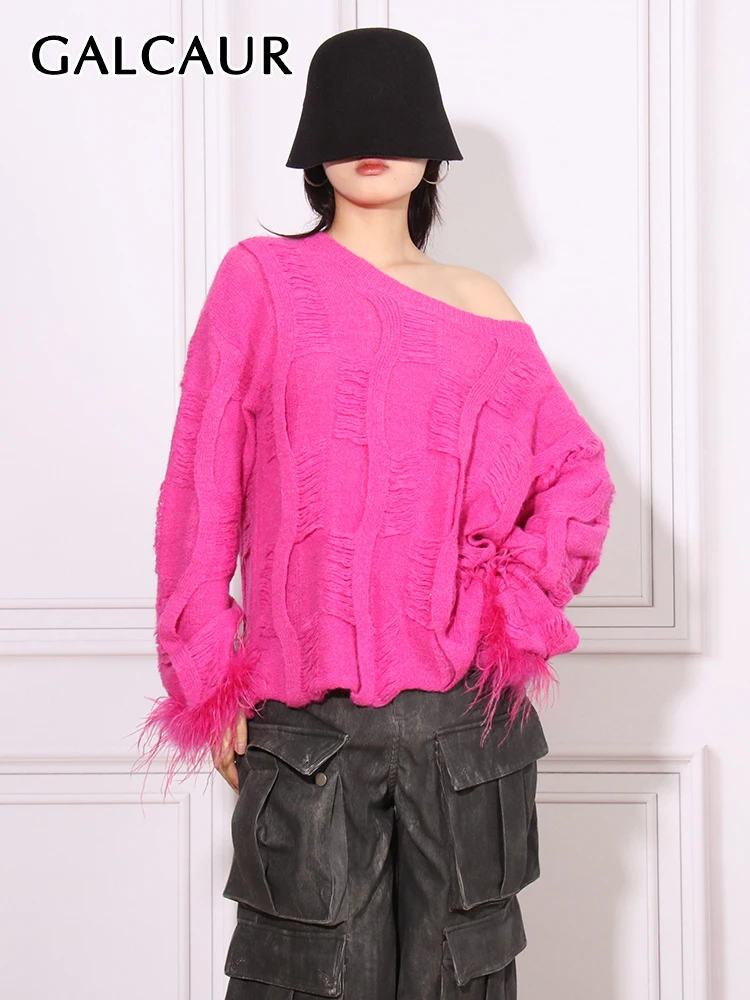 

GALCAUR Casual Patchwork Feathers Sweaters For Women Round Neck Long Sleeve Minimalist Loose Folds Pullover Sweater Female New