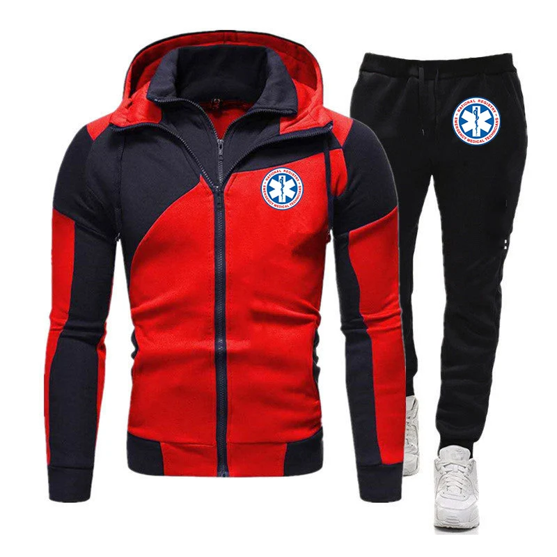 Men Emergency Ambulance Print Zipper Tracksuit Hoodies Sweatpants Set