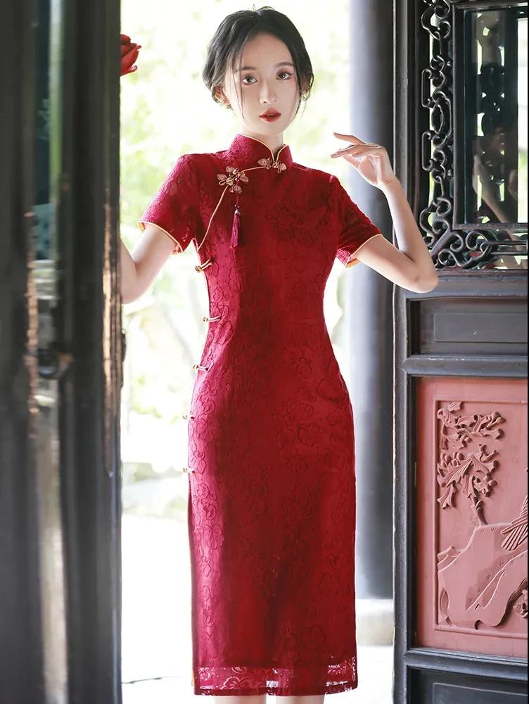 Cheongsam Dress Modern Chinese Trational Red Lace Cheongsams Qipao Vintage Oriental Wedding Party Women Dresses
