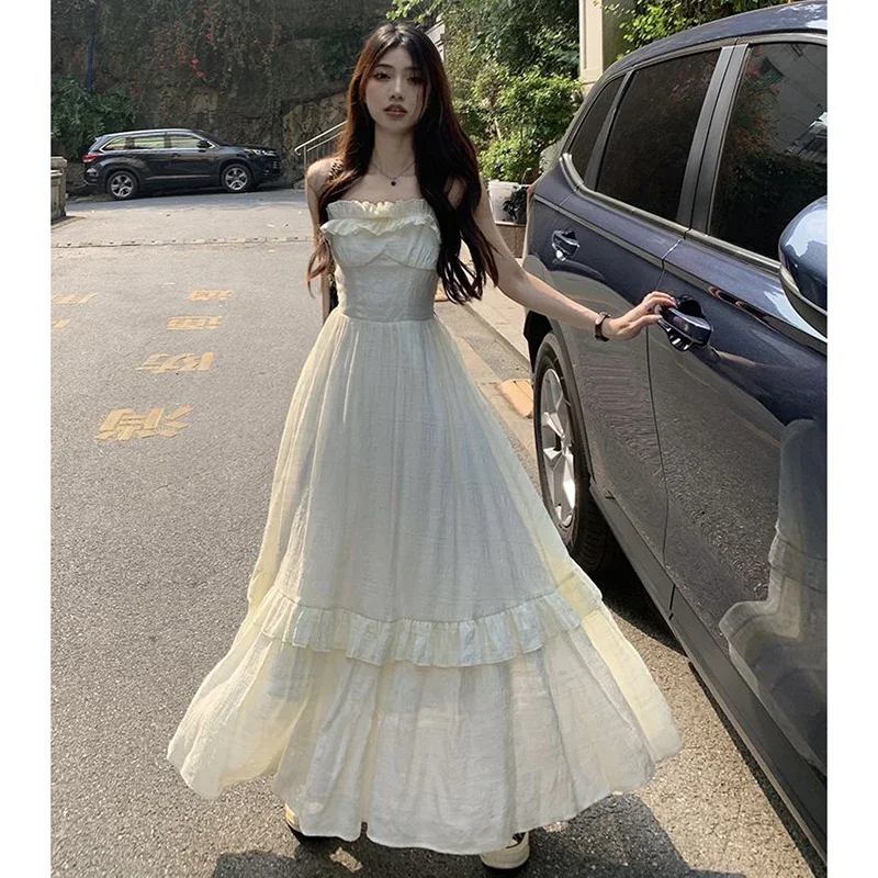 

Solid Color Wooden Ear Suspender Dress Female Summer Sweet French Retro Waist Slimming Design Fairy Style Long Dress Vacation