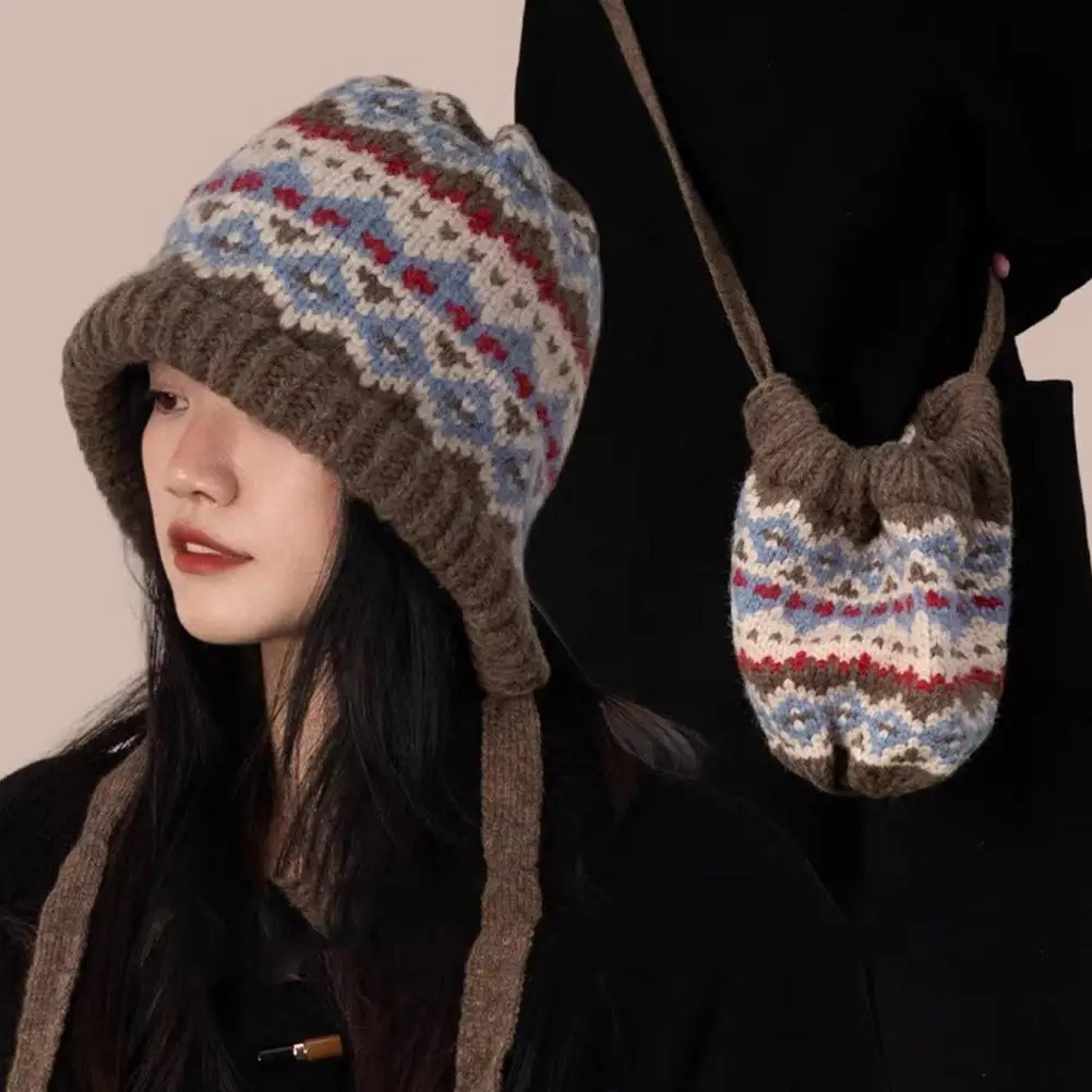 Winter Hat Knitted Hat Women Ethnic Style Striped Spliced Knitted Woolen Hat For Autumn And Winter Thickened Warm And Cold Resistant Ear Protection