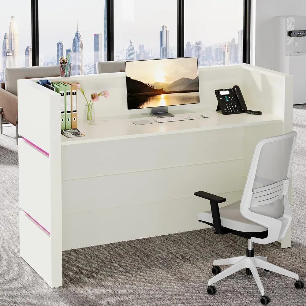 Modern Reception Desk LED Lights, 55.12-Inch Modern Front Desk Reception Counter, Checkout Counter for Room, Lobby
