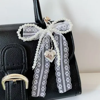 2025 New Korean Sweet Pearl Bow Keychain Heart Pendant Keyring Y2K Aesthetic Key Holder for Girls Bag Pendant Accessories 1