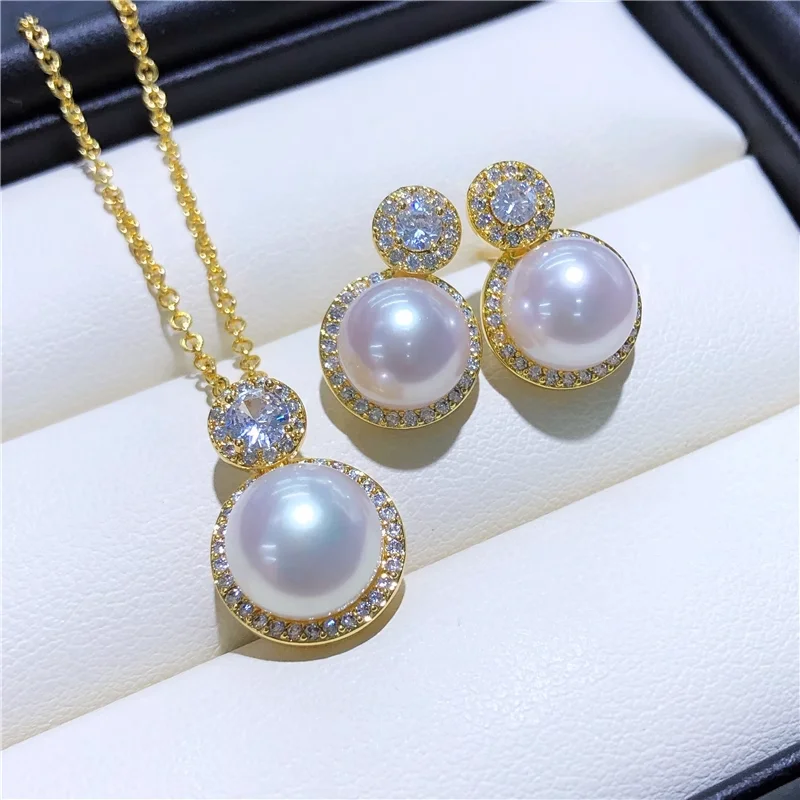 

Gorgeous AAAAA 9-10mm South China Sea White Earstuds Pearl Pendant Earring Set 925s