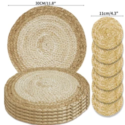 Set of 6 Round Braided Placemats - Washable, Heat Resistant Table Mats for Dining and Party Decor, 34cm (30cm Natural Rattan)