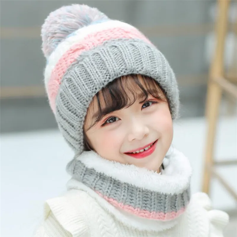 Big Kids Winter Knit Soft Hat and Scarf Set Child Plush Warm Winter Cap Scarves Girls Patchwork Circular Scarf Hat Frozen