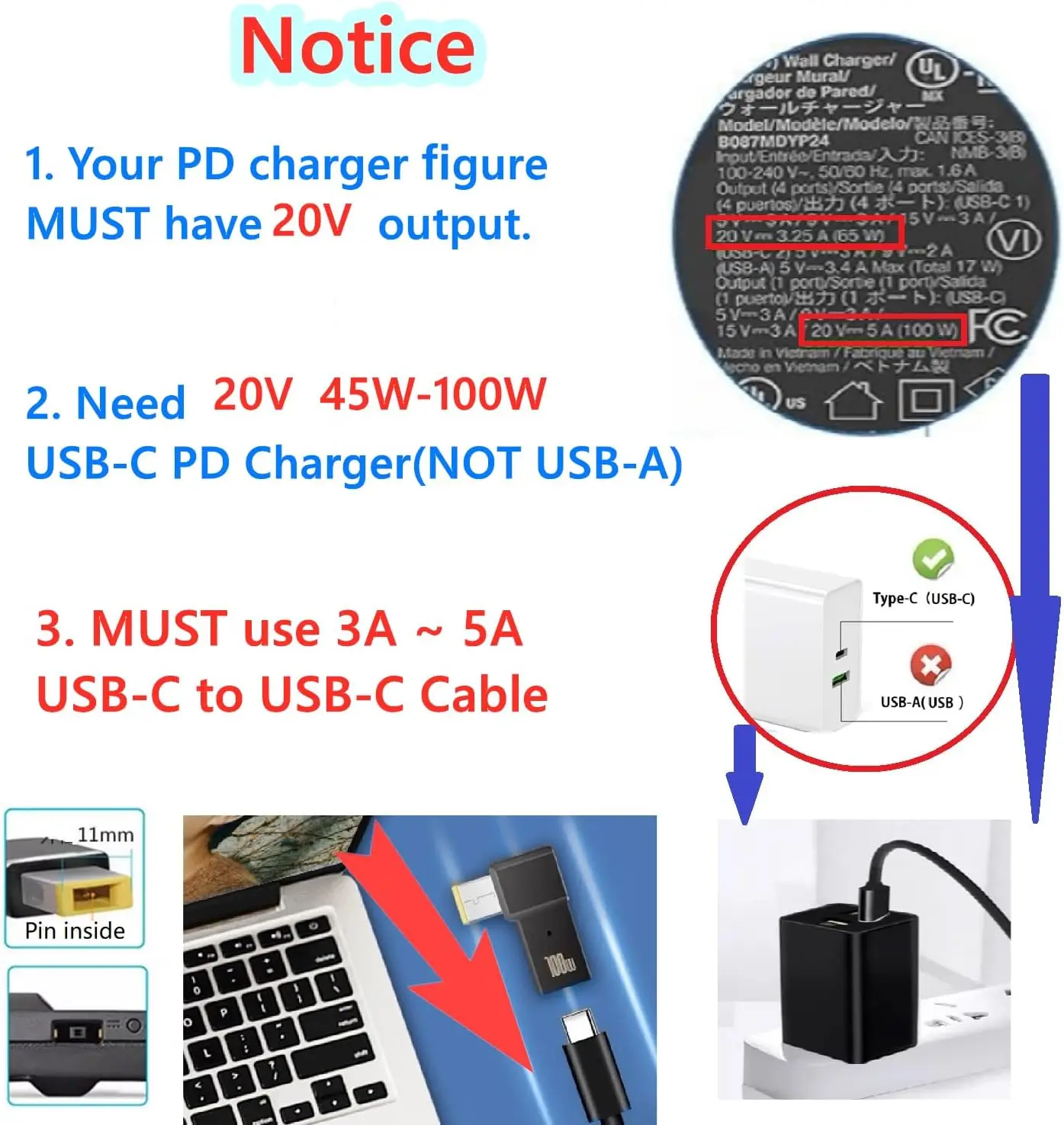 USB-C Female Input to Slim Tip Rectangle Power PD Charge Converter for Thinkpad Series E440 E450 E550 E560 T430 T440 T440S X250