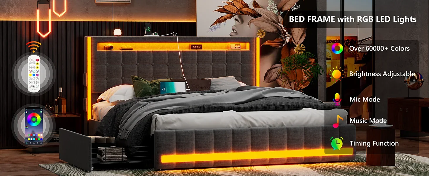 Description Picture 5 of itemUpholstered Queen Size Bed Frame with 4Storage Drawer,RGB LED Light,Charging Station,Adjustable Headboard Slat Support with Box