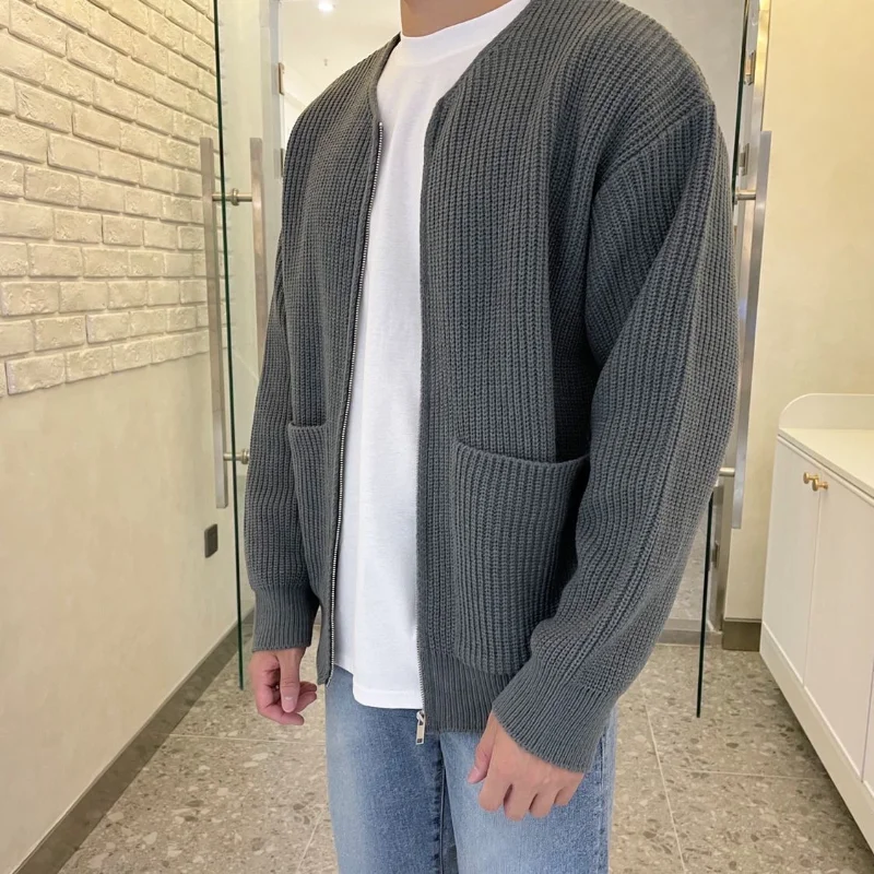 Autumn and Winter Commuting Men's Clothing Fashion Zipper Splice Pockets Round Neck Long Sleeve Versatile Solid Color Sweater