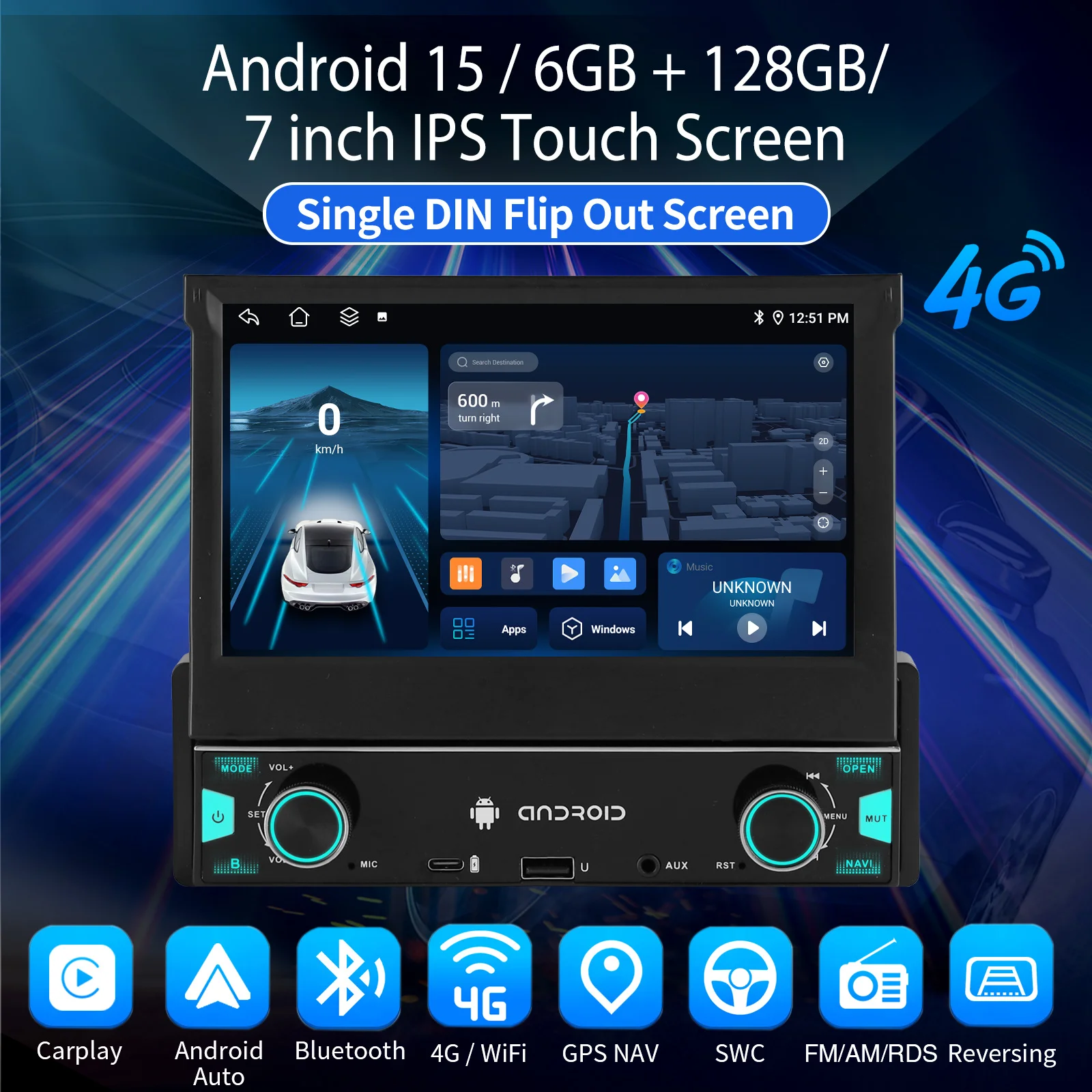 ESSGOO Autoradio Android15 7" 6+128 GB 1 DIN Manuell Retraktil Ausklappbarer Touchscreen 4G LTE Wireless CarPlay Android Auto RDS Equalizer GPS Navigation WiFi Bluetooth FM AM Mirror Link Lenkradsteuerung USB Typ-C – Detail 1