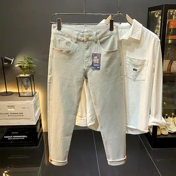 Y2K Designer Fashion Men Jeans High Quality Beige Stretch Slim Fit Vintage Jeans Men Embroidery Retro Casual Denim Pants Hombre 1