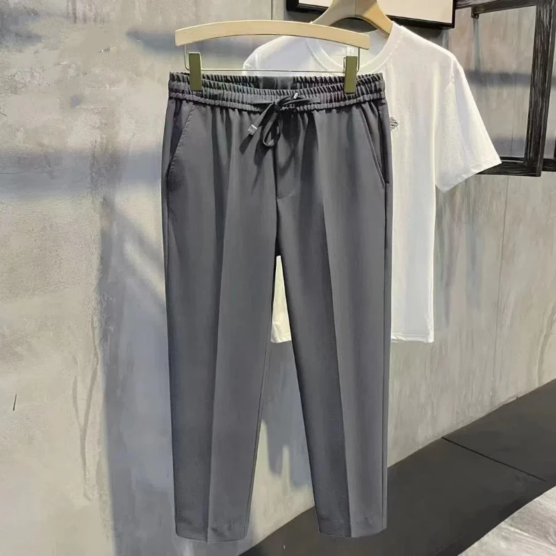 2024 Summer Minimalist Solid Color Men's Pants Pockets Elastic Drawstring High Waisted Loose Straight Business Casual Trousers