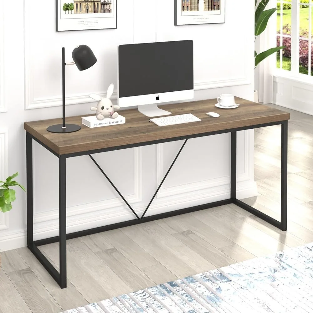 FOLUBAN Industrial Computer Desk, Rustic Wood and Metal Writing Desk, Vintage PC Table for Home Office