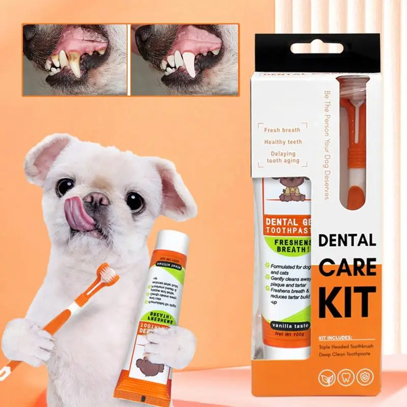 

Cat Toothbrush And Toothpaste Set For Teeth Cleaning Vanilla Toothpaste Three-Side Toothbrush Tongue Cleaning Pet Accessories
