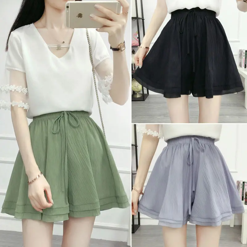 

Shorts Women Chiffon High Waist Elegant Casual Drawstring Design All-match Short Pants Korean Style Wide Leg Harajuku Soft Q149