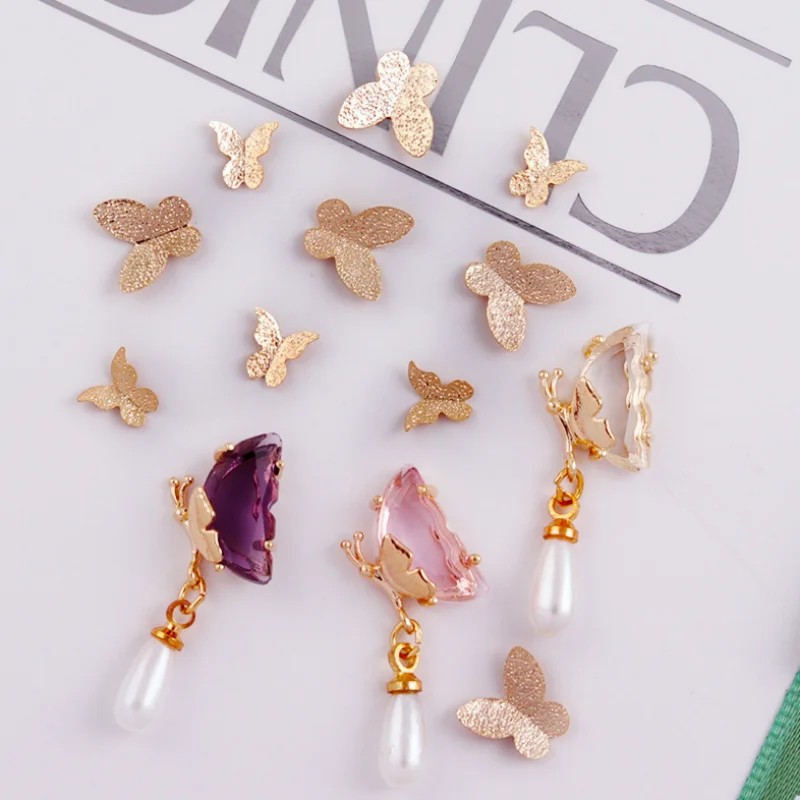 

10PCS Gold Luxury Zircon Nail Art Charms 3D Alloy Butterfly Crystal Diamond Jewelry Nail Decorations DIY Nail Accessories Parts