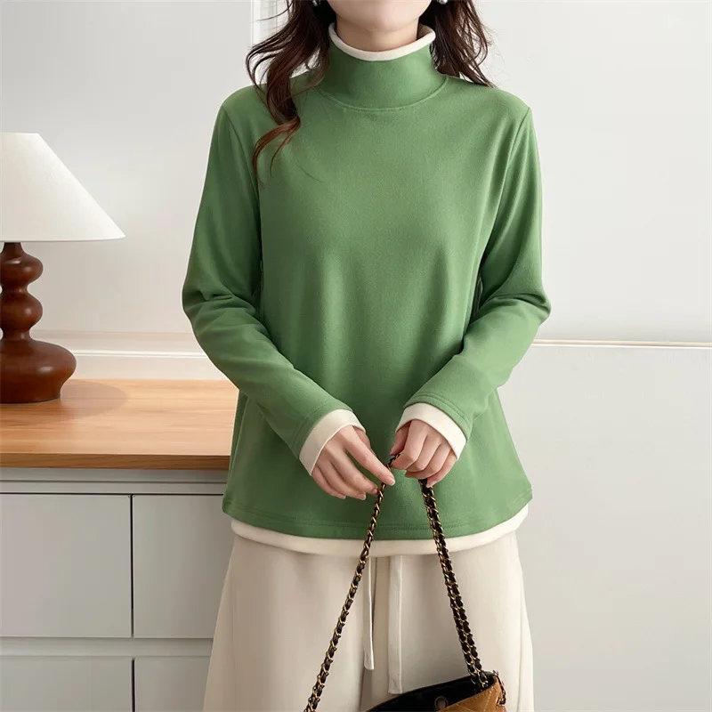 XXXXL Fashion Plus Size Woman Clothing T-Shirt Autumn Winter Simple Color Blocked High Neck DE Velvet Warm Long Sleeve Tops 2587