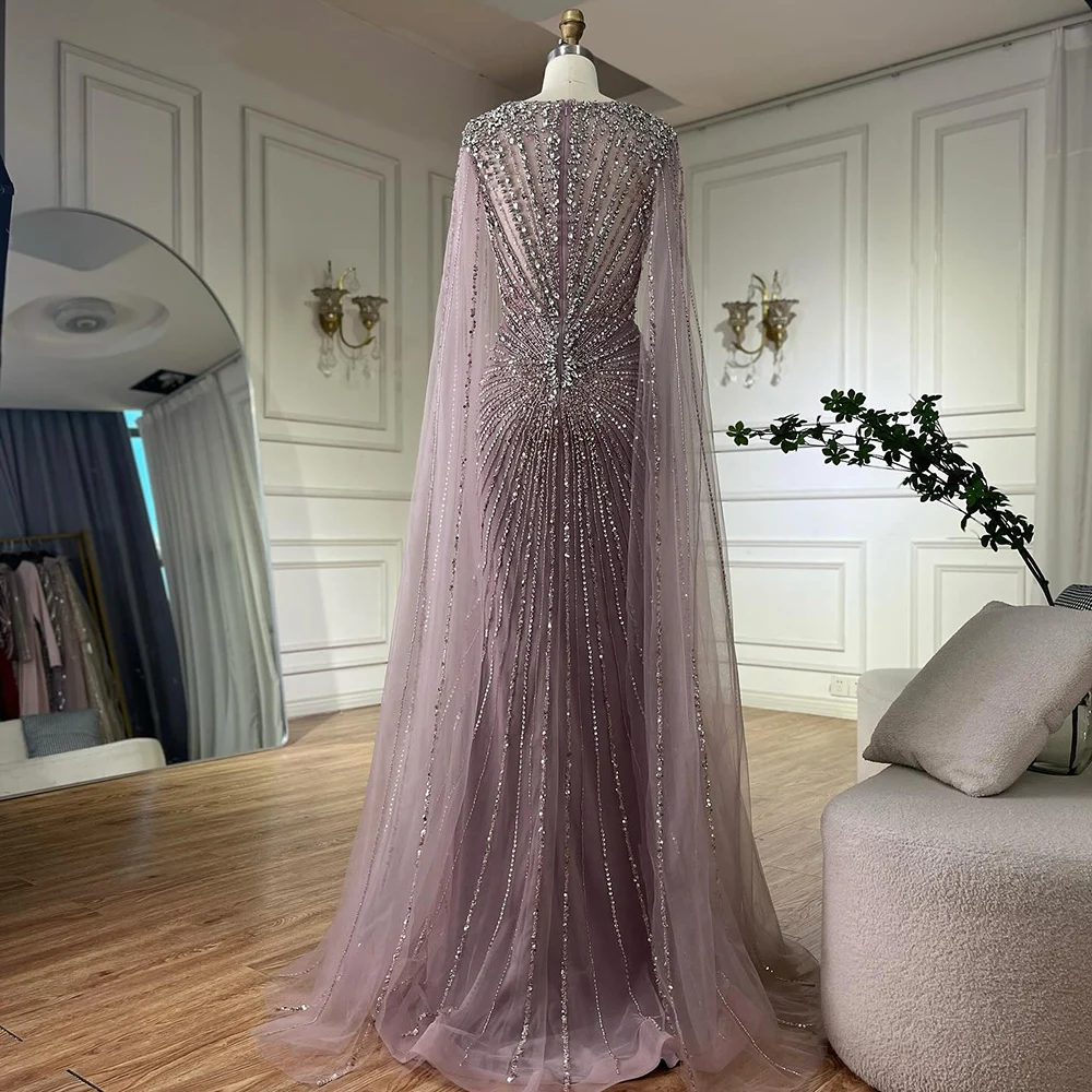 Serene Hill 2025 Customized Nude Cape Sleeves Beaded Saudi Arabic Evening Dresses Gowns for Formal Occasion LA72575A