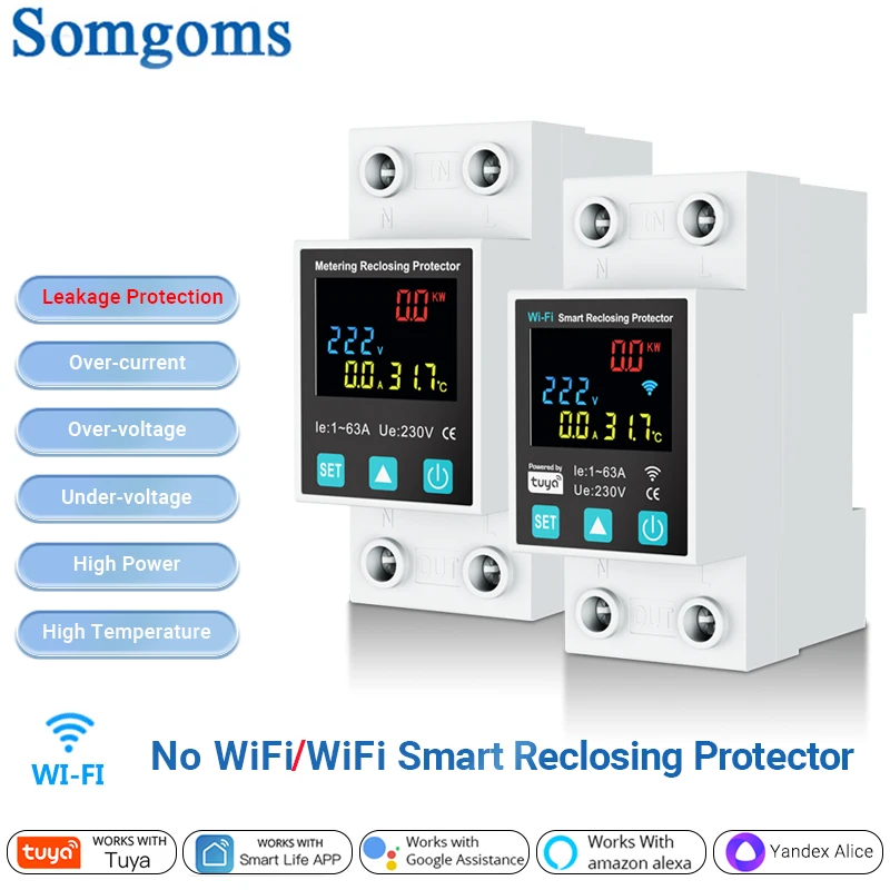 SmartLife TUYA WIFI 2 P/63A Circuit breaker Earth Leakage Over ภายใต้แรงดันไฟฟ้าป้องกัน Protector รีเลย์สวิทช์พลังงาน kWh เมตร 1