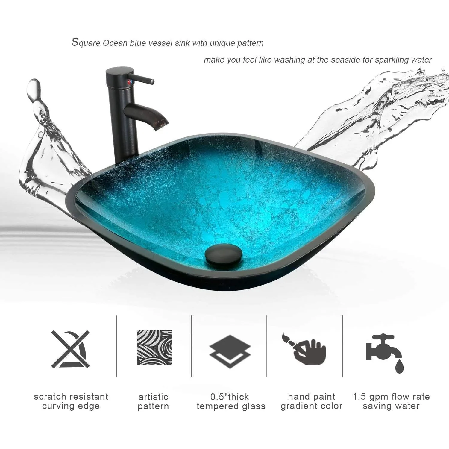 13" Bathroom Vanity Sink Combo Small Cuboid Stand Cabinet Turquoise Square Tempered Glass Vessel Sink & ORB Water Save Faucet 4