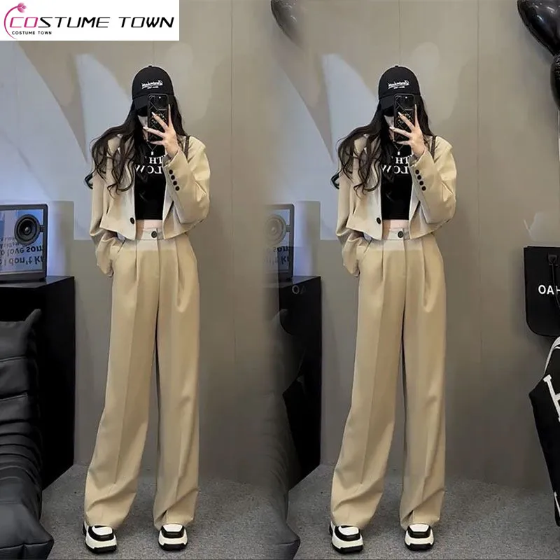 Fashion Set Women's 2023 Spring and Autumn Season New High Grade Coffee Color Slim Short Suit+Wide Leg Pants Two Piece Set women short leather jacket slim jacket motorcycle suit size l coffee