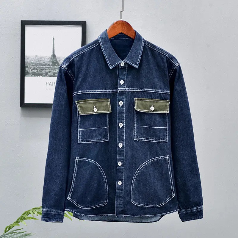 

KPOP Fashion Style Harajuku Slim Fit Shirt Loose Casual All Match Outerwear Patchwork Pockets Button Square Neck Denim Clothing
