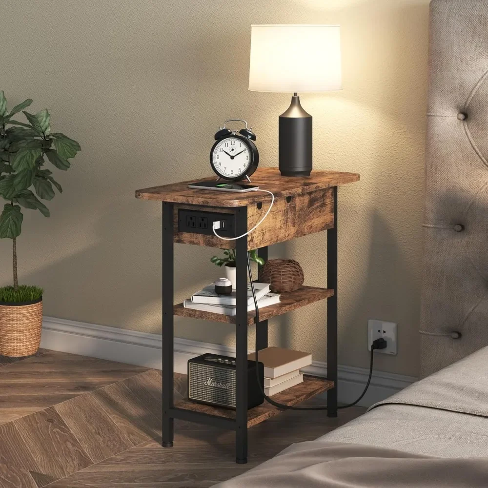 End Table with Charging Station, Flip Top Side Table with USB Ports and Outlets, Nightstand for Small Spaces, Bedside Tables wi