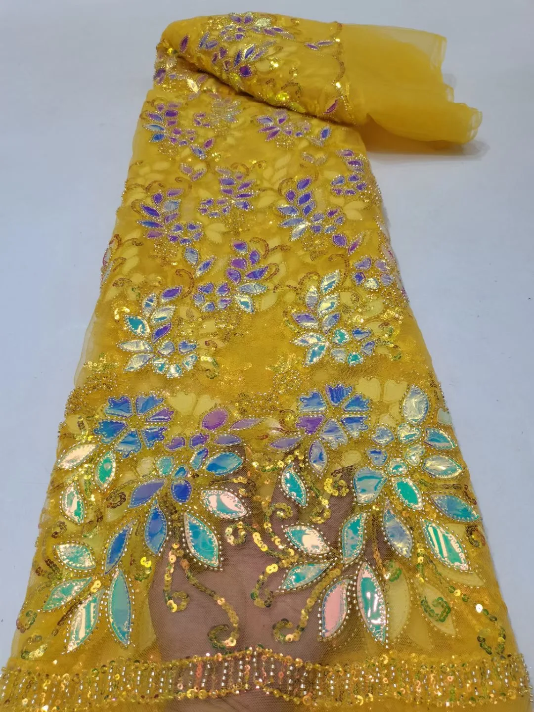 

Роскошные желтые бусины, бриллианты 2022, вышитые блестками, нигерийский французский тюль, кружевная ткань для свадебного шитья PCD2213