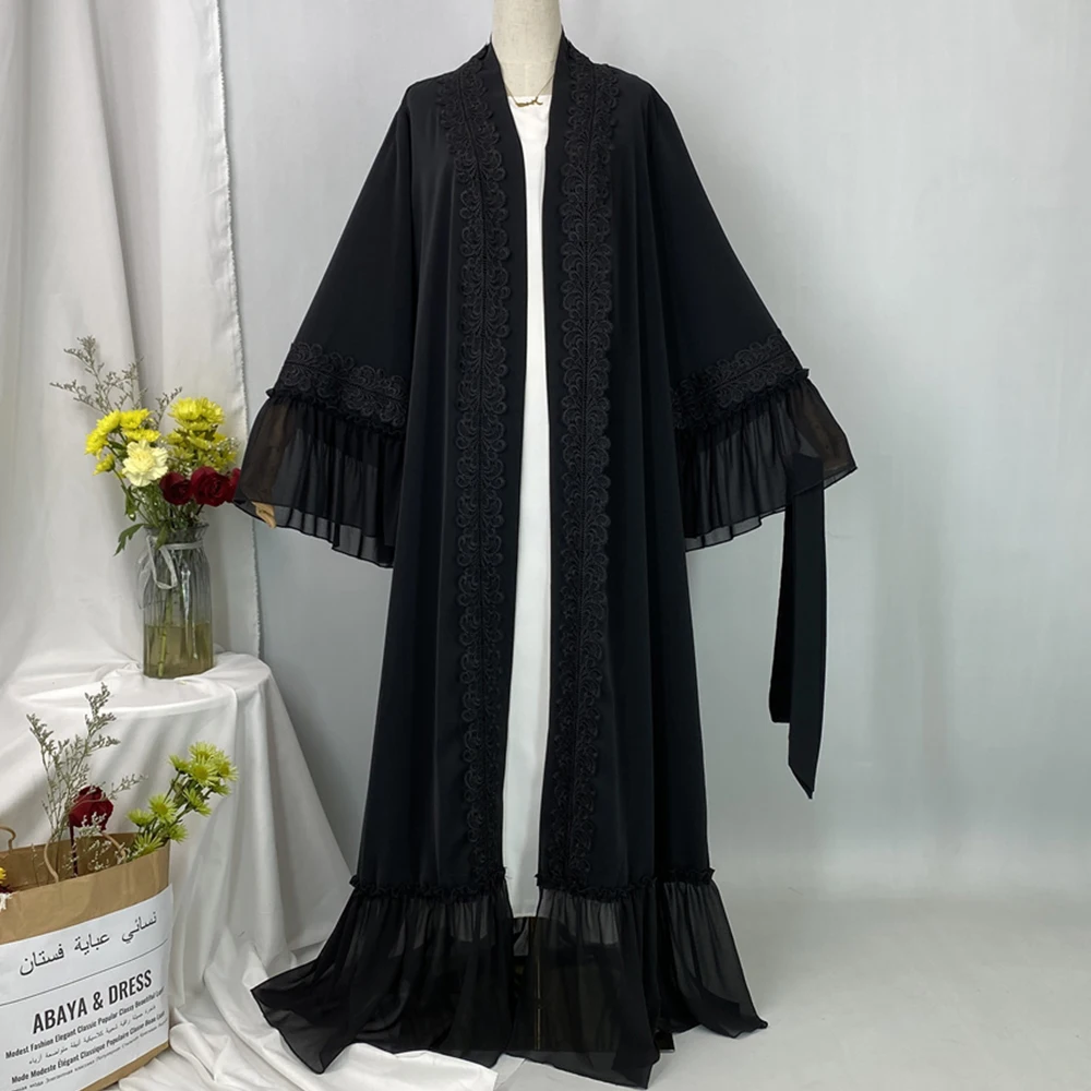 S.H ARAB SHOP باللون الأسود الداكن ملابس نسائية أنيقة مزينة بشيفون نيدا مع حزام 2