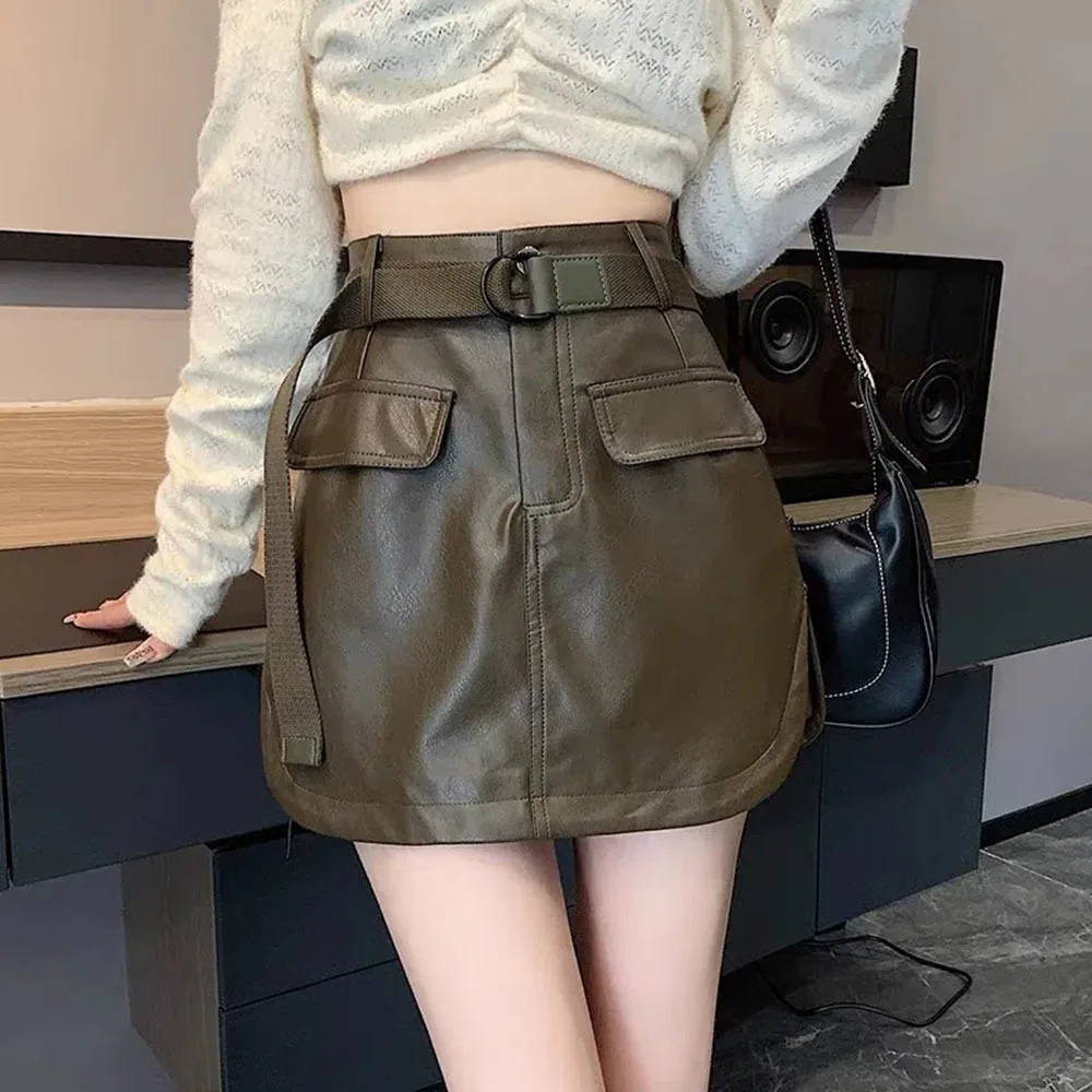 Tooling Pu Leather Aline Mini Skirt Women Autumn 2022 Korean Version