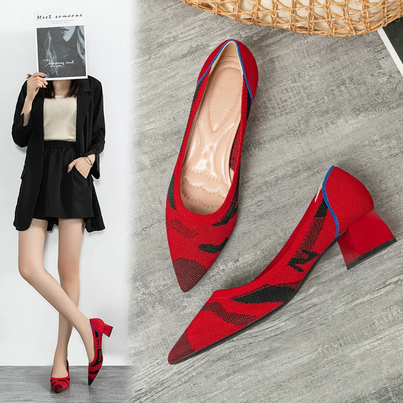 New Shoes for Women Platform Fashion Pumps High Heel Woman Shoes Stretch Fabric Pointed Toe Square Heel Quality Ladies Shoes