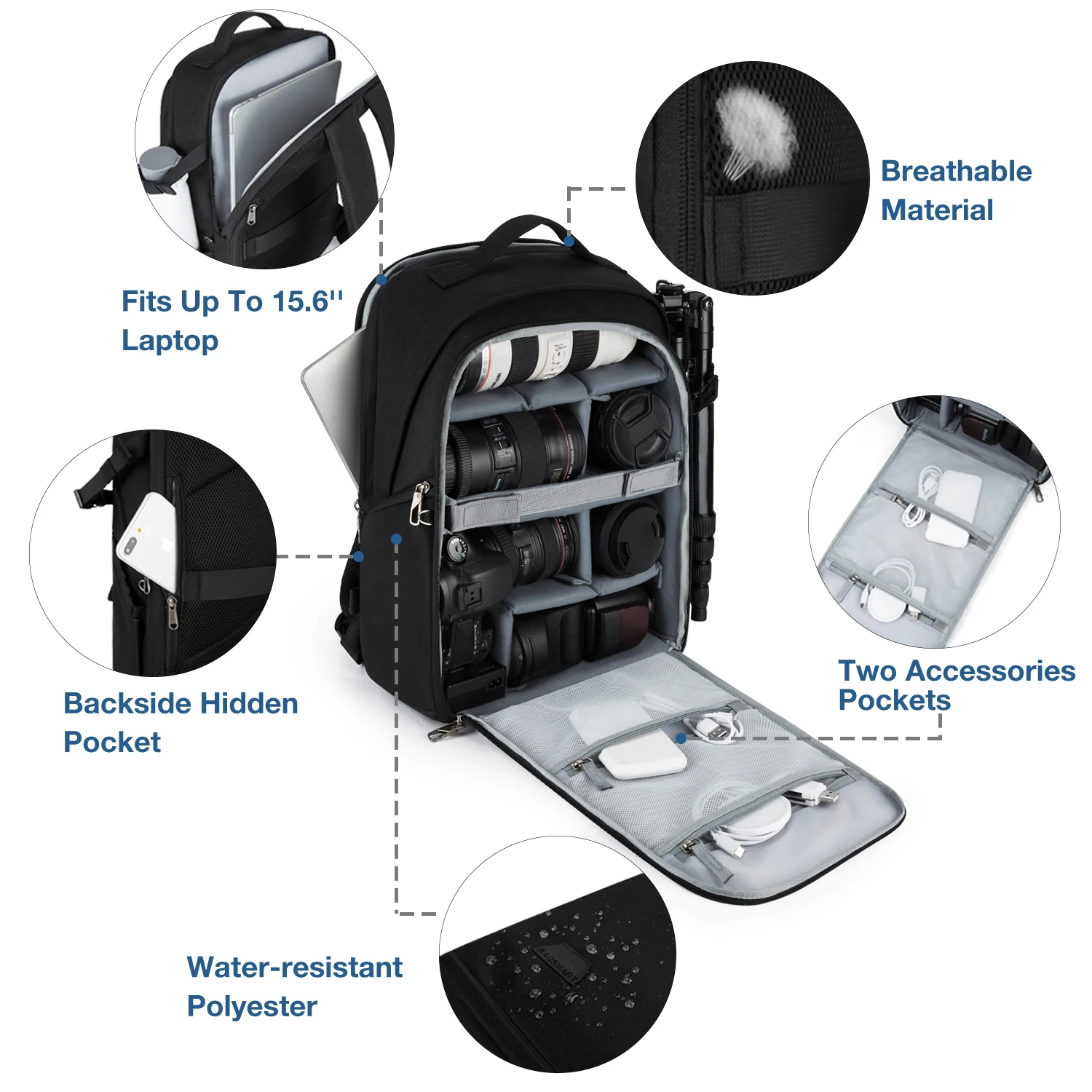 BAGSMART DSLR SLR 카메라 배낭, 레인 커버 포함, 남성용 방수 카메라 가방 케이스, 최대 15.6 인치 노트북 삼각대 거치대