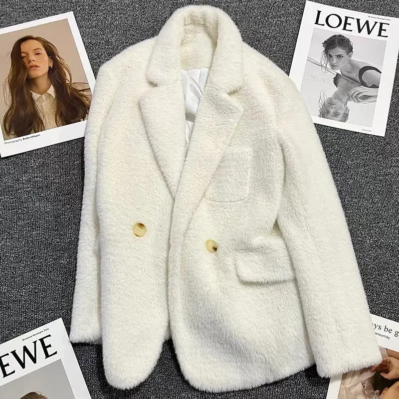 

White Women Suits 1 Piece Blazer Lambhair Formal Office Lady Business Work Wear Fashion Girl Coat Jacket Outfit Prom Dress