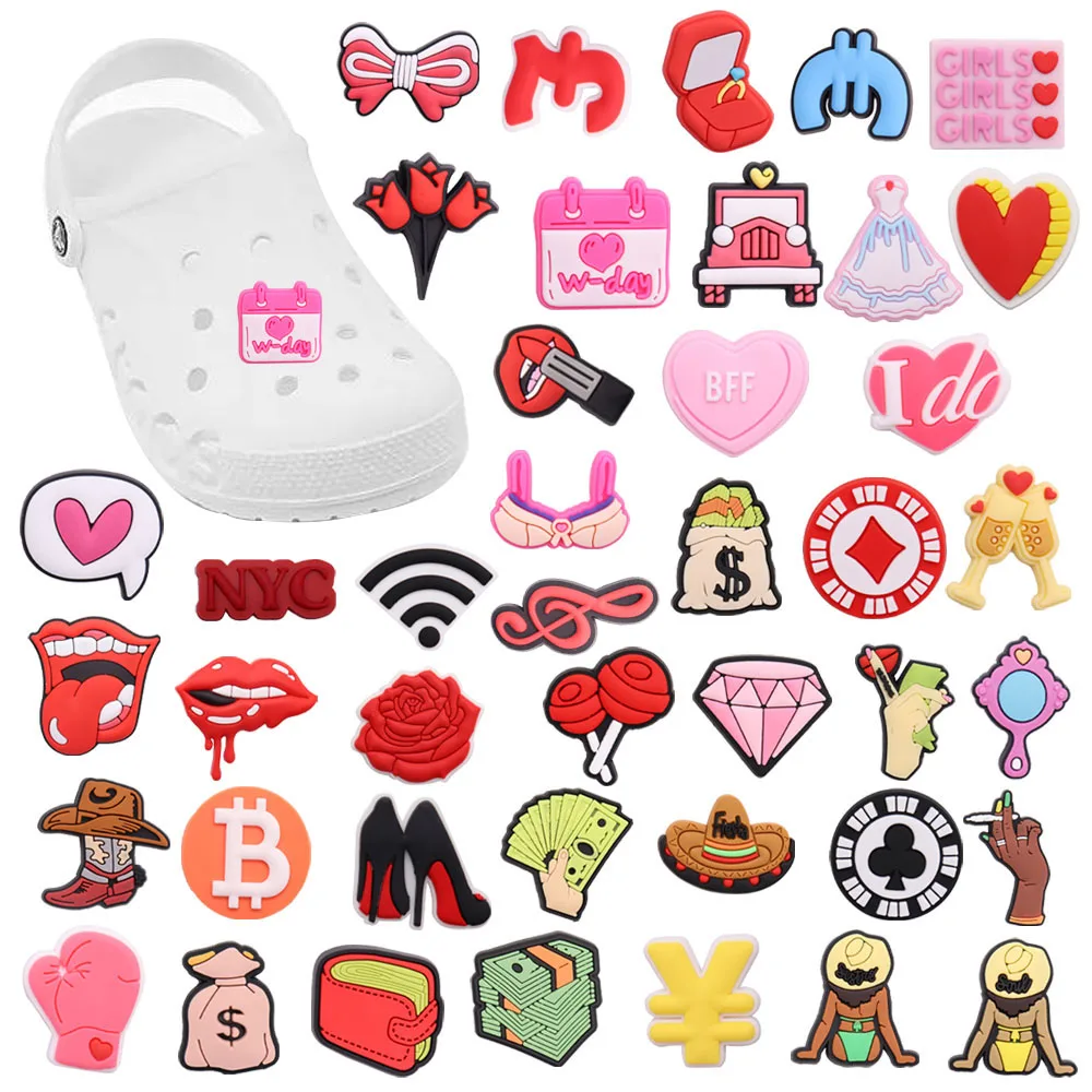 

Wholesale 50pcs Shoe Charms Banknote Red Lip Rose Ring Accessorie PVC Shoe Decoration DIY For Croc Jibz Fit Wristbands