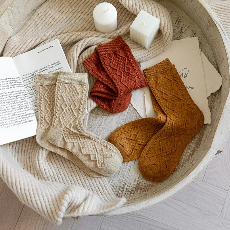 Description Picture 5 of itemWinter Cashmere Wool Woman Socks Solid Japanese Style Harajuku Retro Long Socks Women Girls Thermal Vintage Streetwear Crew Sock