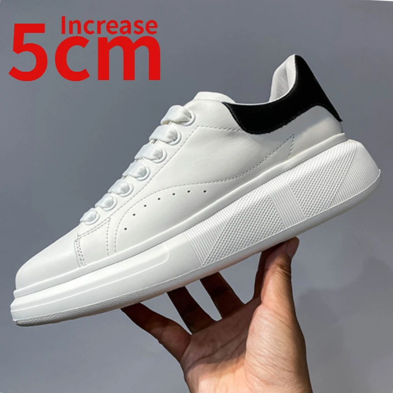 

Genuine Leather Small White Shoes Men's Increase 5cm Trendy Shoes Elevated Casual Sports Board Shoes Thick Sole Design Men Shoes