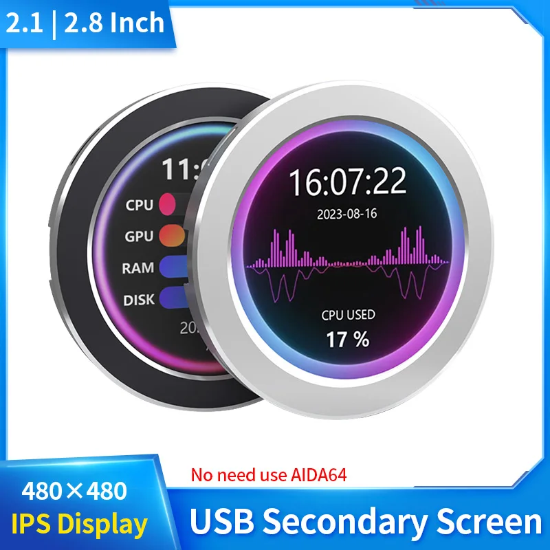 Water Cooler Screen com Music Spectrum Analysis Function Cpu Ram Gpu Monitoring 2.8 in 2.1 in Usb 480×480