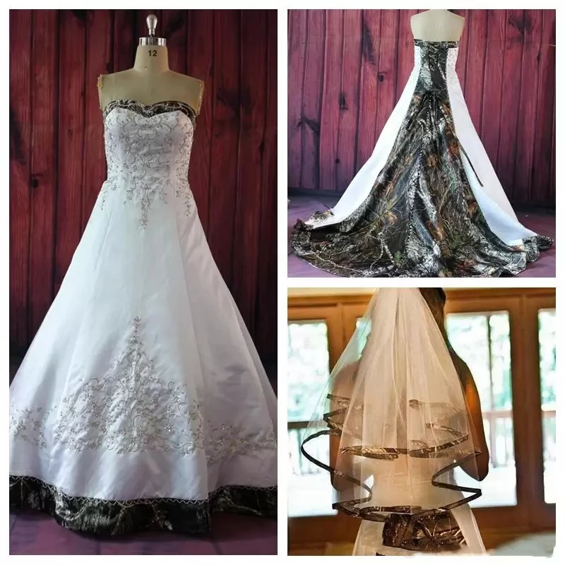 

Strapless Camo Wedding Dresses With Veil Embroidery A Line Country Farm Bridal Gowns Lace-Up Back Court Train