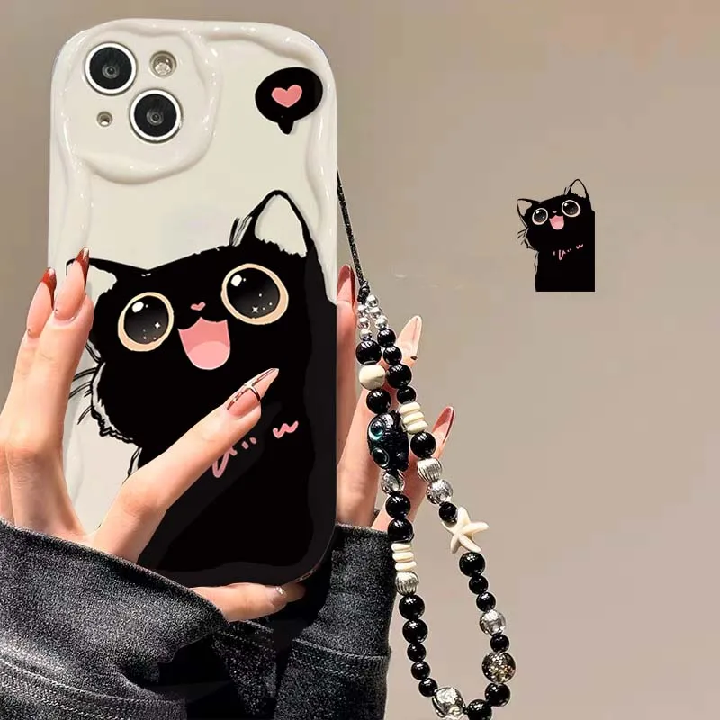 Chic Black Cat Wrist Chain Phone Case Cover