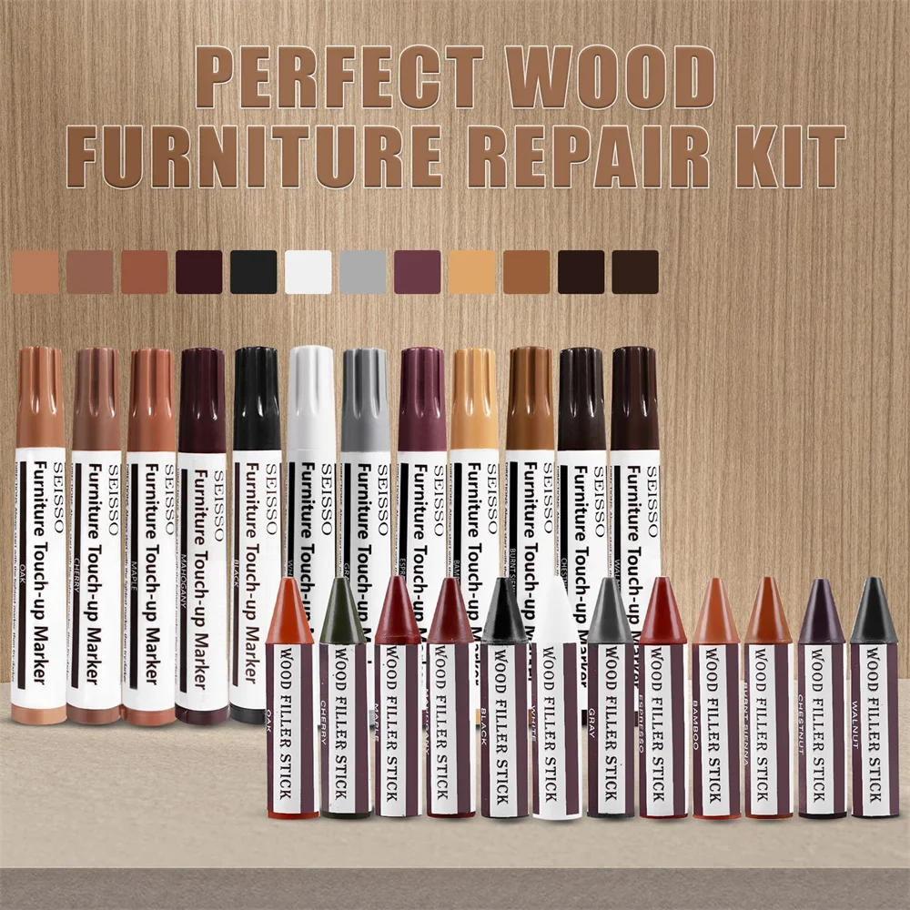 SEISSO 12-Color Furniture Touch-Up Kit Markers & Wood Filler Sticks for Stains Scratches Restoration Wooden Table Quick Repair